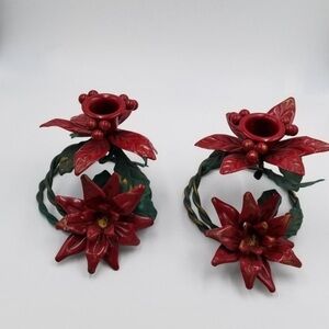 Vintage Red Poinsettia Candle Holders, Set of 2 T26